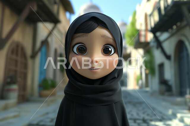 الاهتمام بالمظهر الخارجي والنعومة والأنوثة، حجابات نسائية عصريه حديثه، رسوم كرتونية ثلاثية الابعاد لفتاة عربية خليجية سعودية ترتدي الحجاب تنظر الى الكاميرا بايماءات الدهشة والمفاجأة