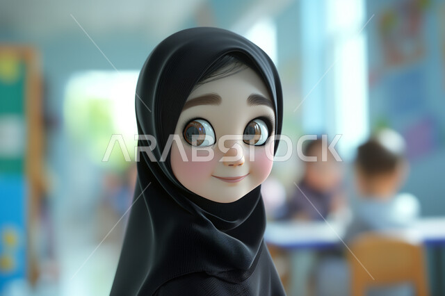 حجابات نسائية عصريه حديثه، الاهتمام بالمظهر الخارجي والنعومة والأنوثة، رسوم كرتونية ثلاثية الابعاد لفتاة عربية خليجية سعودية ترتدي الحجاب تنظر الى الكاميرا بايماءات السعادة والسرور والثقة بالنفس