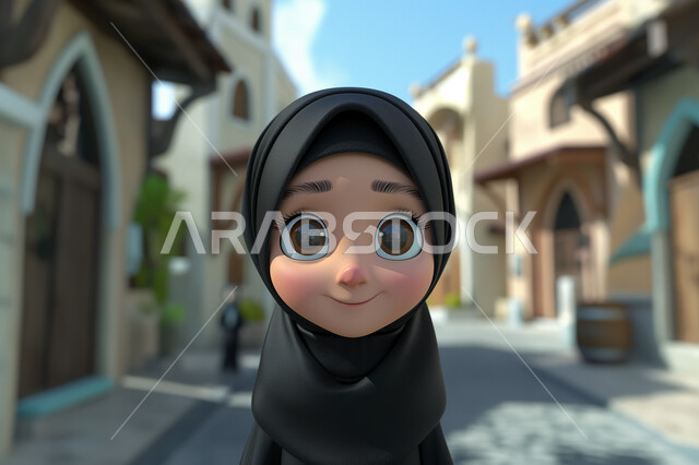 النعومة والأنوثة والاهتمام بالمظهر الخارجي، حجابات نسائية عصريه حديثه، رسوم كرتونية ثلاثية الابعاد لفتاة عربية خليجية سعودية ترتدي الحجاب تنظر الى الكاميرا بايماءات السعادة والسرور والبراءة