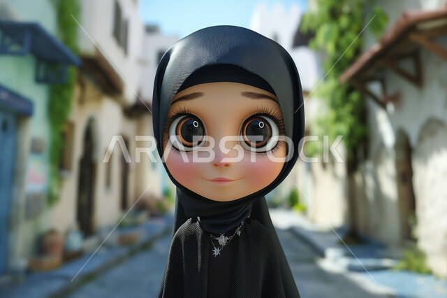 الأنوثة والنعومة والاهتمام بالمظهر الخارجي، حجابات نسائية عصريه حديثه، رسوم كرتونية ثلاثية الابعاد لفتاة عربية خليجية سعودية ترتدي الحجاب تنظر الى الكاميرا بايماءات الدهشة والمفاجأة