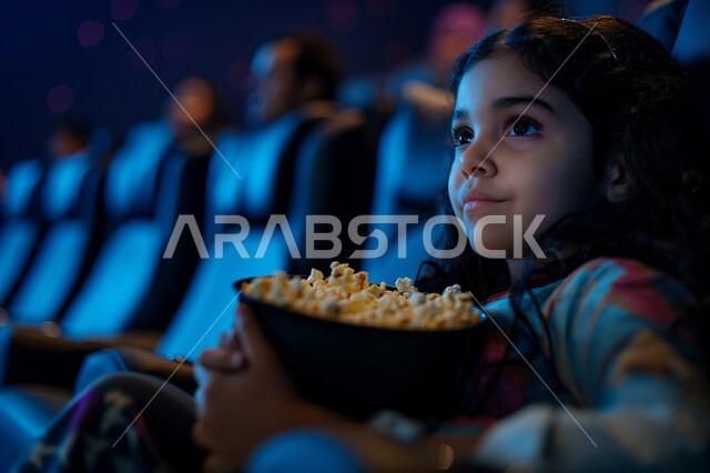 تجربه سينمائيه خياليه، صالات عرض رباعية الأبعاد, صورة مقربة لفتاة عربية سعودية خليجية تجلس في صالة كي ماكس سينما تستمتع بالمشاهدة وتناول الفشار، تعابير تدل على الفرح والسعاده، أنشطة ترفيهية متميزة