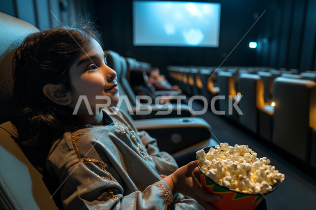 تجربه سينمائيه خياليه، صالات عرض رباعية الأبعاد, صورة مقربة لفتاة عربية سعودية خليجية تجلس في صالة كي ماكس سينما تستمتع بالمشاهدة وتناول الفشار، تعابير تدل على الفرح والسعاده، أنشطة ترفيهية متميزة