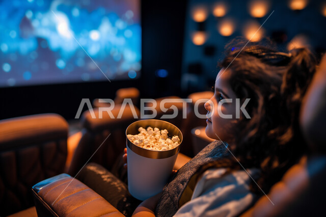 تجربه سينمائيه خياليه، صالات عرض رباعية الأبعاد, صورة مقربة لفتاة عربية سعودية خليجية تجلس في صالة كي ماكس سينما تستمتع بالمشاهدة وتناول الفشار، تعابير تدل على الفرح والسعاده، أنشطة ترفيهية متميزة