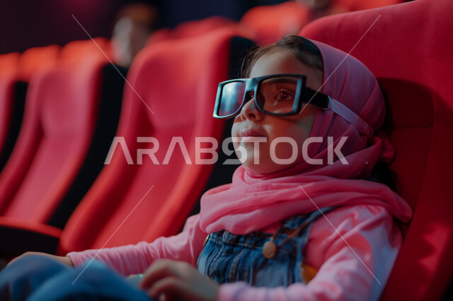 تجربه سينمائيه خياليه، صالات عرض رباعية الأبعاد, صورة مقربة لفتاة عربية سعودية خليجية ترتدي النظارة تجلس في صالة كي ماكس سينما تستمتع بالمشاهدة، تعابير تدل على الفرح والسعاده، أنشطة ترفيهية متميزة