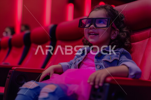 تجربه سينمائيه خياليه، صالات عرض رباعية الأبعاد, صورة مقربة لفتاة عربية سعودية خليجية ترتدي النظارة تجلس في صالة كي ماكس سينما تستمتع بالمشاهدة، تعابير تدل على الفرح والسعاده، أنشطة ترفيهية متميزة