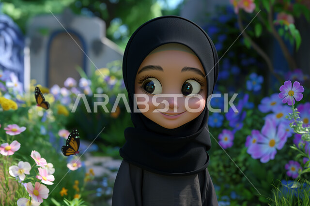 قضاء أوقات ممتعة في الحدائق العامة، رسوم كرتونية ثلاثية الابعاد لفتاة عربية خليجية سعودية محجبة تتجول في الحديقة المليئة بالأزهار، ايماءات اللطافة والبراءة، حجابات نسائية عصريه حديثه، الاهتمام بالمظهر الخارجي والنعومة والأنوثة