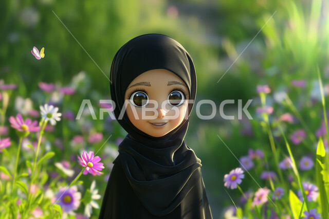 تعابير اللطافة والبراءة، قضاء أوقات ممتعة في الحدائق العامة، رسوم كرتونية ثلاثية الابعاد لفتاة عربية خليجية سعودية محجبة تتجول في الحديقة المليئة بالأزهار، حجابات نسائية عصريه حديثه، الاهتمام بالمظهر الخارجي والنعومة والأنوثة