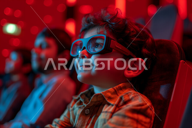 تعابير تدل على الفرح والسعاده، صالات عرض رباعية الأبعاد, صورة مقربة لولد عربي سعودي خليجي يرتدي الزي الكاجوال والنظارة يجلس في صالة كي ماكس سينما يستمتع بالمشاهدة يرتدي النظارة، تجربه سينمائيه خياليه، أنشطة ترفيهية متميزة