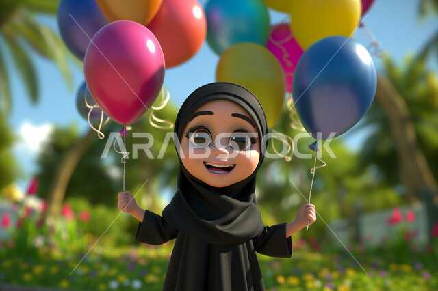 الاستمتاع بالأوقات في الحدائق العامة، البهجة بقدوم العيد، الاحتفال بالأعياد والمناسبات السعيدة، رسوم كرتونية ثلاثية الابعاد لفتاة عربية خليجية سعودية محجبة تتجول في الحديقة وتحمل بيدها مجموعة من البالونات الملونة