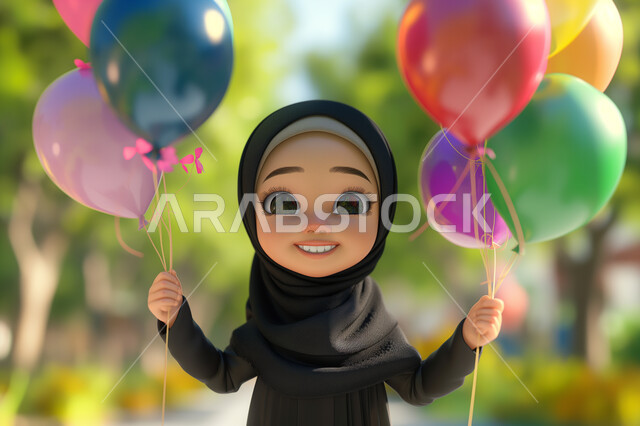 البهجة بقدوم العيد، الاحتفال بالأعياد والمناسبات السعيدة، رسوم كرتونية ثلاثية الابعاد لفتاة عربية خليجية سعودية محجبة تتجول في الحديقة وتحمل بيدها مجموعة من البالونات الملونة، الاستمتاع بالأوقات في الحدائق العامة