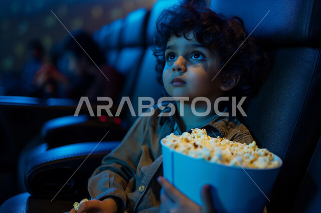 تعابير تدل على الفرح والسعاده، صالات عرض رباعية الأبعاد, صورة مقربة لولد عربي سعودي خليجي يرتدي الزي الكاجوال يجلس في صالة كي ماكس سينما يستمتع بتناول الفشار، تجربه سينمائيه خياليه، أنشطة ترفيهية متميزة