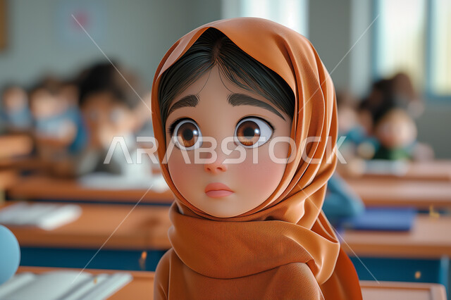 رسوم كرتونية ثلاثية الأبعاد لطالبة عربية خليجية سعودية محجبة تجلس على المقعد الدراسي، تلقي المعلومات داخل الفصل الدراسي، التربية والتعليم بالمناهج المقررة للطلاب في المملكة العربية السعودية، تعابير وايماءات التركيز والاندماج