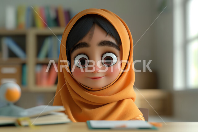 التربية والتعليم بالمناهج المقررة للطلاب في المملكة العربية السعودية، رسوم كرتونية ثلاثية الأبعاد لطالبة عربية خليجية سعودية محجبة تجلس على المقعد الدراسي، تلقي المعلومات داخل الفصل الدراسي، تعابير وايماءات التركيز والاندماج
