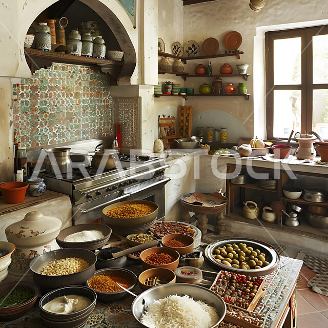 مطبخ عربي قديم على الطراز التقليدي، الأواني والمعدات النحاسية وفرن اثري، الديكورات والتصاميم للتحف والاكسسوارات الشعبية، الفن الهندسي المعماري التراثي، التوابل والبهارات ومكونات الطهي