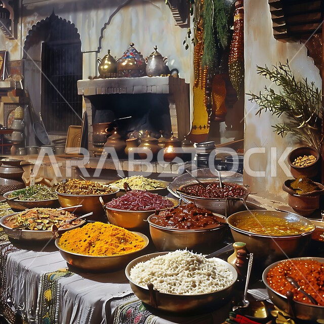 مطبخ عربي قديم على الطراز التقليدي، الأواني والمعدات النحاسية وفرن اثري، الديكورات والتصاميم للتحف والاكسسوارات الشعبية، الفن الهندسي المعماري التراثي، التوابل والبهارات ومكونات الطهي