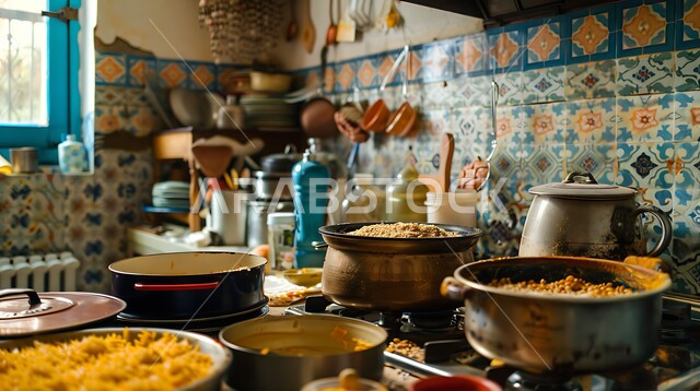 مطبخ عربي قديم على الطراز التقليدي، الأواني والمعدات النحاسية وفرن اثري، الديكورات والتصاميم للتحف والاكسسوارات الشعبية، الفن الهندسي المعماري التراثي، التوابل والبهارات ومكونات الطهي