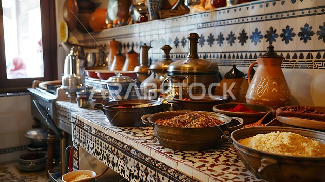 Old Arabic kitchen in traditional style, copper utensils and equipment, heritage oven, decorations and designs of folk antiques and accessories, traditional architectural art, spices, seasonings and cooking ingredients