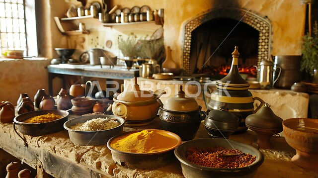 Old Arabic kitchen in traditional style, copper utensils and equipment, heritage oven, decorations and designs of folk antiques and accessories, traditional architectural art, spices, seasonings and cooking ingredients