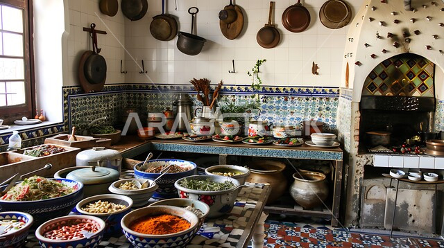 مطبخ عربي قديم على الطراز التقليدي، الأواني والمعدات النحاسية وفرن اثري، الديكورات والتصاميم للتحف والاكسسوارات الشعبية، الفن الهندسي المعماري التراثي، التوابل والبهارات ومكونات الطهي