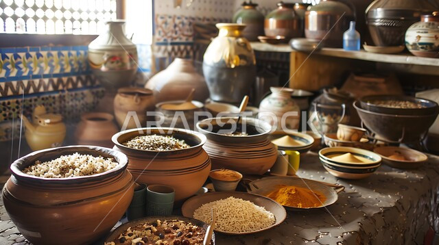 مطبخ عربي قديم على الطراز التقليدي، الأواني والمعدات النحاسية وفرن اثري، الديكورات والتصاميم للتحف والاكسسوارات الشعبية، الفن الهندسي المعماري التراثي، التوابل والبهارات ومكونات الطهي