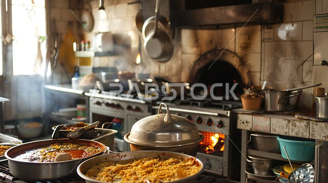 Old Arabic kitchen in traditional style, copper utensils and equipment, heritage oven, decorations and designs of folk antiques and accessories, traditional architectural art, spices, seasonings and cooking ingredients