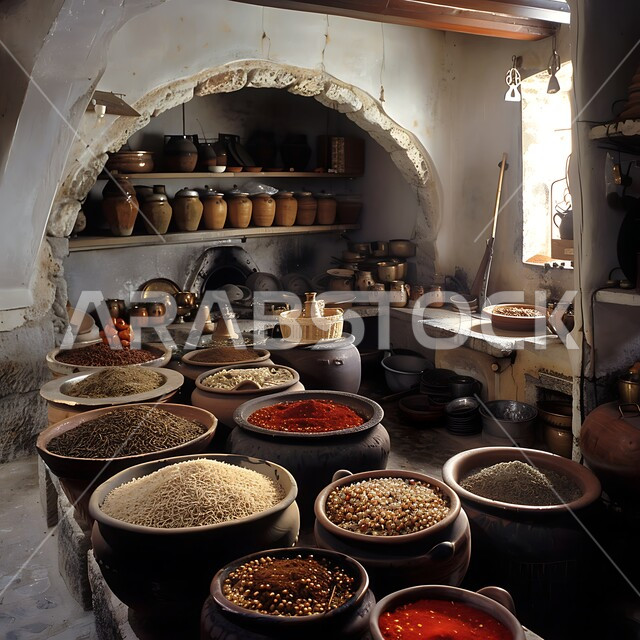 مطبخ عربي قديم على الطراز التقليدي، الأواني والمعدات النحاسية وفرن اثري، الديكورات والتصاميم للتحف والاكسسوارات الشعبية، الفن الهندسي المعماري التراثي، التوابل والبهارات ومكونات الطهي