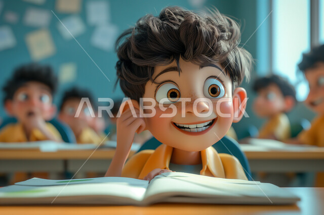 التعليم والتربية بالمناهج المقررة للطلاب في المملكة العربية السعودية، رسوم كرتونية ثلاثية الأبعاد لطالب عربي خليجي سعودي يجلس على المقعد الدراسي، تلقي المعلومات داخل الفصل الدراسي، تعابير وايماءات التركيز والاندماج