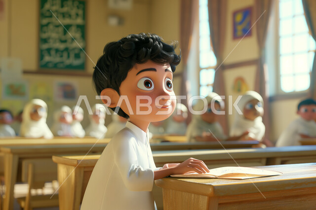 تعابير وايماءات التركيز والاندماج، التعليم والتربية بالمناهج المقررة للطلاب في المملكة العربية السعودية، رسوم كرتونية ثلاثية الأبعاد لطالب عربي خليجي سعودي يجلس على المقعد الدراسي، تلقي المعلومات داخل الفصل الدراسي