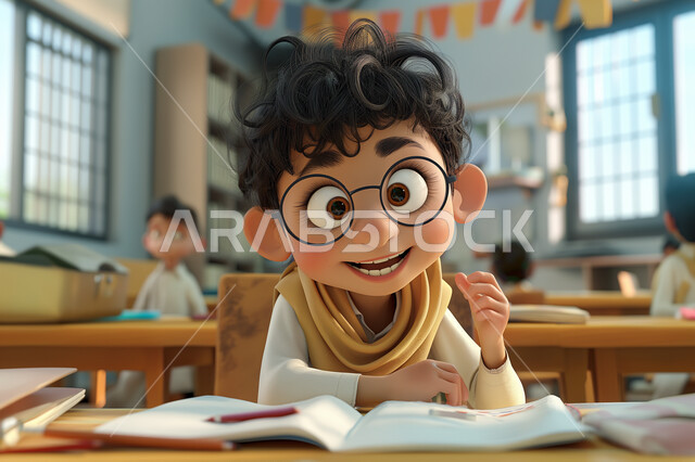 Gestures and expressions of concentration and integration, education and upbringing according to the curricula prescribed for students in the Kingdom of Saudi Arabia, 3D cartoon of a Saudi Arabian Gulf student sitting on a school bench, receiving information inside the classroom