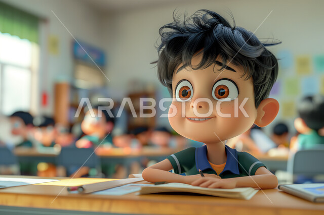 تلقي المعلومات داخل الفصل الدراسي، ايماءات وتعابير التركيز والاندماج، التعليم والتربية بالمناهج المقررة للطلاب في المملكة العربية السعودية، رسوم كرتونية ثلاثية الأبعاد لطالب عربي خليجي سعودي يجلس على المقعد الدراسي