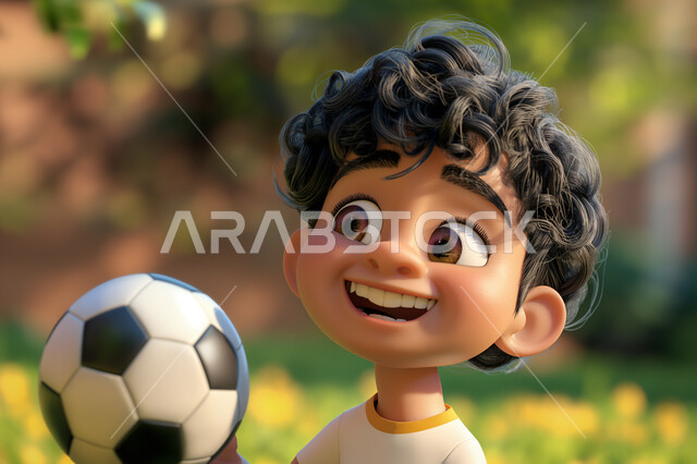 ممارسة الهواية المفضلة في الحديقة، أنشطة ترفيهية و رياضات شبابية، المهارات الأساسية في لعب كرة القدم، رسوم كرتونية ثلاثية الأبعاد لولد عربي خليجي سعودي ينظر الى الكاميرا بايماءات الحماس والشغف لتسديد الأهداف