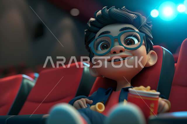 أنشطة ترفيهية متميزة، تعابير تدل على الفرح والسعاده، رسم كرتوني ثلاثي الأبعاد لصبي عربي سعودي خليجي يجلس في صالة السينما يستمتع بمشاهدة الأفلام المشوقة، صالات عرض رباعية الأبعاد, تجربه سينمائيه خياليه