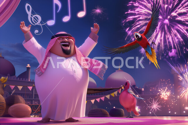البهجه والفرحة بقدوم العيد السعيد، ايماءات وتعابير البشاشة والسرور، الاحتفال بالأعياد والمناسبات الإسلامية السعيدة، رسوم كرتونية ثلاثية الأبعاد لرجل عربي خليجي سعودي يرتدي الثوب التقليدي والشماغ يقوم بمشاهدة الألعاب والمفرقعات النارية في السماء