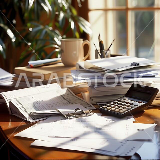 التأكد من دفع الفواتير بشكل صحيح, مجموعة من المستندات الورقية الموضوعة على طاولة المكتب, الأعمال والمهن المكتبية في السعودية, استخدام الآلة الحاسبة في تنظيم حسابات الشركة, الإدارة الاقتصادية الفعالة, العمل في وظيفة المحاسبة
