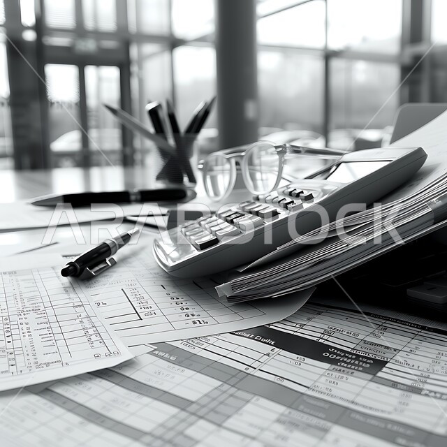  الإدارة الاقتصادية الفعالة, مجموعة من المستندات الورقية الموضوعة على طاولة المكتب, الأعمال والمهن المكتبية في السعودية, استخدام الآلة الحاسبة في تنظيم حسابات الشركة,التأكد من دفع الفواتير بشكل صحيح, العمل في وظيفة المحاسبة