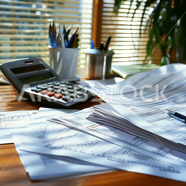 العمل في وظيفة المحاسبة, مجموعة من المستندات الورقية الموضوعة على طاولة المكتب, الأعمال والمهن المكتبية في السعودية, استخدام الآلة الحاسبة في تنظيم حسابات الشركة, الإدارة الاقتصادية الفعالة, التأكد من دفع الفواتير بشكل صحيح