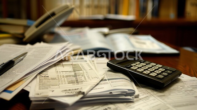 استخدام الآلة الحاسبة في تنظيم حسابات الشركة, مجموعة من المستندات الورقية الموضوعة على طاولة المكتب, الأعمال والمهن المكتبية في السعودية, الإدارة الاقتصادية الفعالة, التأكد من دفع الفواتير بشكل صحيح, العمل في وظيفة المحاسبة