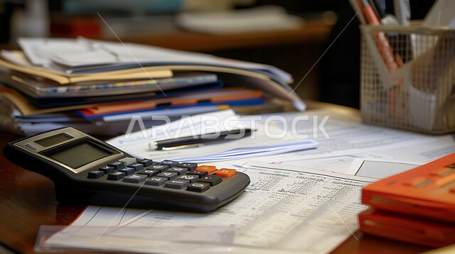 Office businesses and professions in Saudi Arabia, a group of paper documents placed on the office table, using a calculator to organize the company’s accounts, effective economic management, ensuring that bills are paid correctly, working in an accounting job