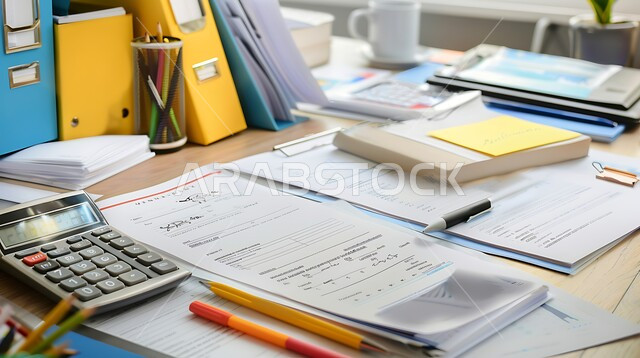 المهن والأعمال المكتبية في السعودية, مجموعة من المستندات الورقية الموضوعة على طاولة المكتب, استخدام الآلة الحاسبة في تنظيم حسابات الشركة, الإدارة الاقتصادية الفعالة, التأكد من دفع الفواتير بشكل صحيح, العمل في وظيفة المحاسبة