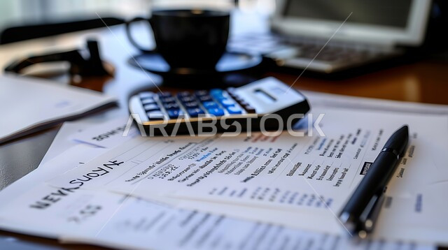 Reviewing contracts, effective economic management, a group of paper documents placed on the office table, office work and professions in Saudi Arabia, using a calculator to organize the company’s accounts, ensuring that bills are paid correctly, working in an accounting job