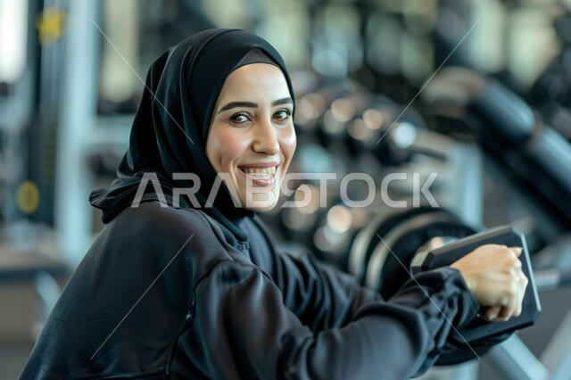 أداء التمرينات بشكل منتظم للمحافظة على جسد قوي وسليم، الجلوس في النادي الرياضي النسائي والنظر للكاميرا بإيماءات السعادة ,المحافظة على اللياقة البدنية, أنشطة رياضية شبابية, امرأة عربية خليجية سعودية محجبة ترتدي الملابس الرياضية, اتباع نظام حياة صحي, أهمية الرياضة للشباب