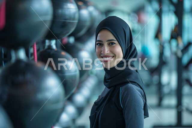 أهمية الرياضة لجسد قوي سليم, المحافظة على اللياقة البدنية, أنشطة رياضية شبابية, امرأة عربية خليجية سعودية محجبة ترتدي الملابس الرياضية وتنظر للكاميرا بإيماءات البشاشة, نادي رياضي نسائي في المملكة, اتباع نظام حياة صحي, التدرب وأداء التمرينات بشكل منتظم