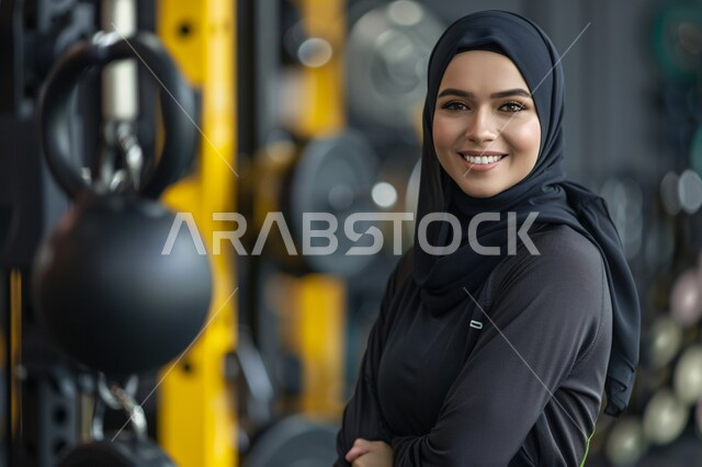 Training and performing exercises on a regular basis, maintaining physical fitness, youth sports activities, a veiled Saudi Gulf Arab woman wearing sports clothing and looking at the camera with cheerful gestures, a women’s sports club in the Kingdom, following a healthy lifestyle, the importance of sports for a strong, healthy body