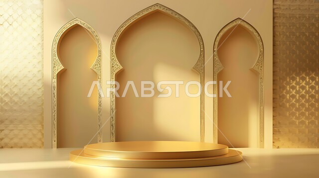 تحف واكسسوارات شهر رمضان المبارك، مجسمات ثلاثية الابعاد لمنصات و فوانيس مزخرفة باللون الذهبي، زينة وأنوار للاعياد والمناسبات، عساكم من عواده ،الاستعداد لاستقبال الأعياد والمناسبات الدينية , قدوم شهر الخير ، خلفية زخارف اسلاميه ثري دي