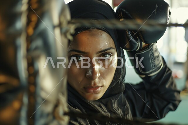 ممارسة فنون القتال, التدرب على حركات الدفاع عن النفس, امرأة عربية خليجية سعودية محجبة ترتدي الملابس الرياضية والقفازات تنظر للكاميرا بإيماءات الجهد والتعب, شابة تتدرب على رياضة الملاكمة في حلبة التدريب بالنادي الرياضي, أهمية الرياضة للحفاظ على جسد صحي وقوي