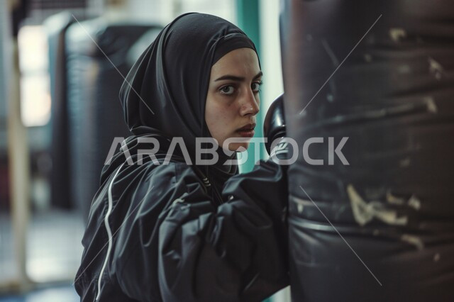 تعلم الدفاع عن النفس, ممارسة فنون القتال, امرأة عربية خليجية سعودية محجبة ترتدي الملابس الرياضية والقفازات تنظر لكيس الملاكمة بإيماءات القوة والاصرار, شابة تتدرب على رياضة الكيك بوكسينغ في حلبة التدريب بالنادي الرياضي, أهمية الرياضة للحفاظ على جسد صحي وقوي