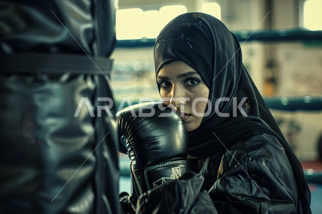 التدرب على رياضة الملاكمة في حلبة التدريب بالنادي الرياضي,ممارسة فنون القتال, التدرب على حركات الدفاع عن النفس, امرأة عربية خليجية سعودية محجبة ترتدي الملابس الرياضية والقفازات تنظر للكاميرا بإيماءات الجهد والتعب,  أهمية الرياضة للحفاظ على جسد صحي وقوي