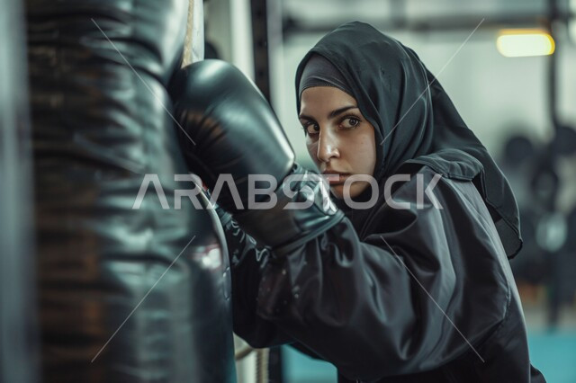  أهمية الرياضة للحفاظ على جسد صحي وقوي, ممارسة فنون القتال, التدرب على حركات الدفاع عن النفس, امرأة عربية خليجية سعودية محجبة ترتدي الملابس الرياضية والقفازات تنظر للكاميرا بإيماءات الجهد والتعب, شابة تتدرب على رياضة الملاكمة في حلبة التدريب بالنادي الرياضي