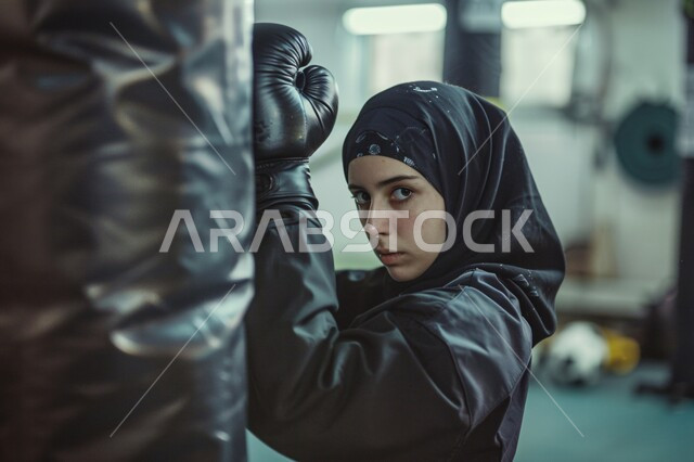 التدرب على حركات الدفاع عن النفس, ممارسة فنون القتال, امرأة عربية خليجية سعودية محجبة ترتدي الملابس الرياضية والقفازات تنظر للكاميرا بإيماءات الجهد والتعب, شابة تتدرب على رياضة الملاكمة في حلبة التدريب بالنادي الرياضي, أهمية الرياضة للحفاظ على جسد صحي وقوي