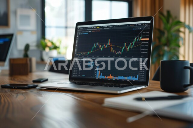 Cryptocurrency trading, integrating advanced technology with work, charts of the rise and fall of the global stock market, following the stock market using a laptop, financial and economic investment, the field of money and business, working in e-commerce